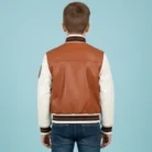 Kids Tan Brown Leather Letterman Bomber Jacket back