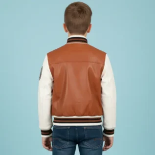 Kids Tan Brown Leather Letterman Bomber Jacket back