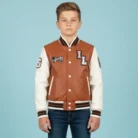 Kids Tan Brown Leather Letterman Bomber Jacket front
