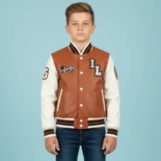 Kids Tan Brown Leather Letterman Bomber Jacket front