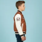Kids Tan Brown Leather Letterman Bomber Jacket side