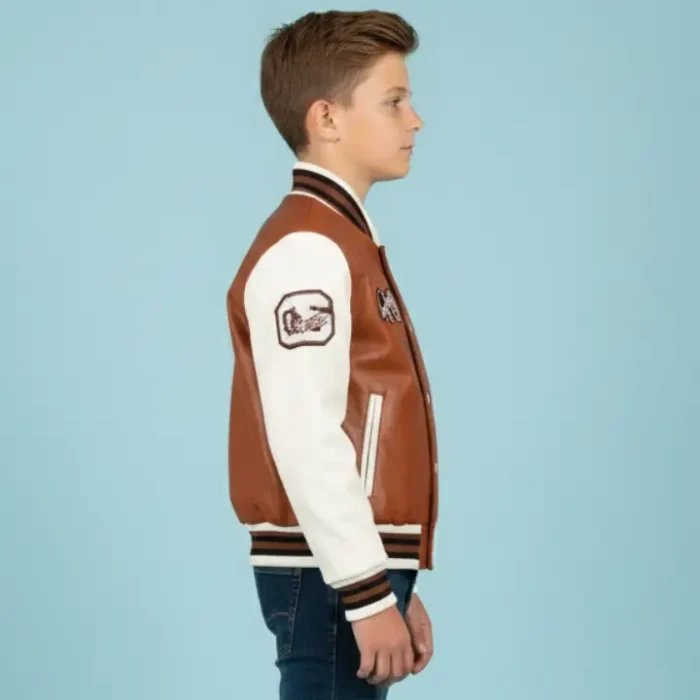 Kids Tan Brown Leather Letterman Bomber Jacket side