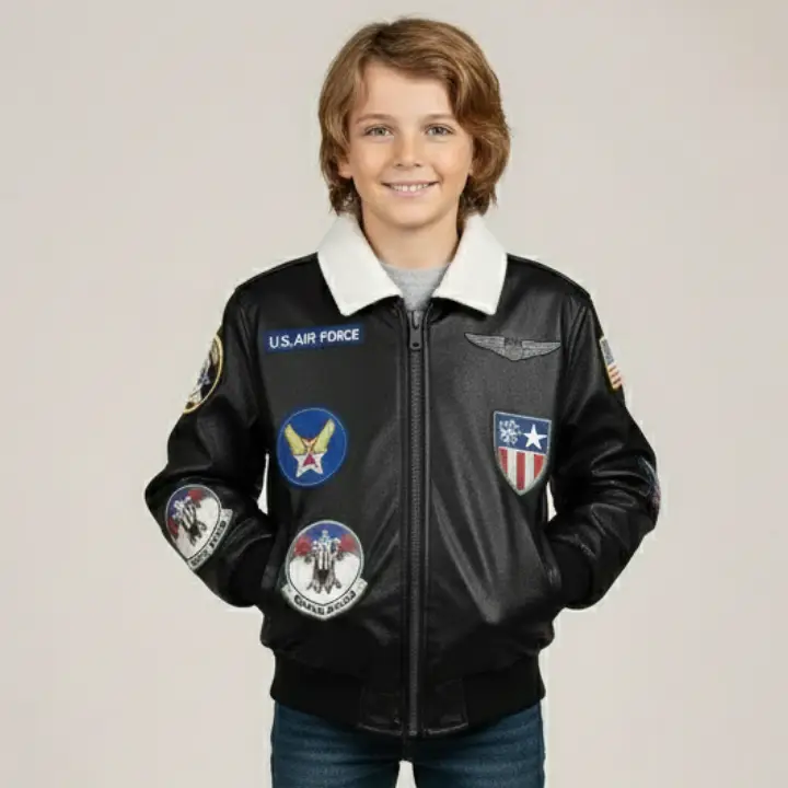 Kids WWII black Bomber Jacket front