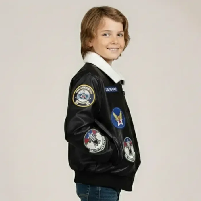 Kids WWII black Bomber Jacket side