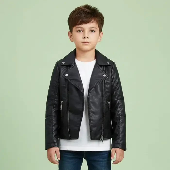 LJYH Children Collar Motorcycle Faux Leather Coats Kids Bomber PU Soft Leather Jackets front
