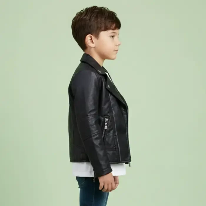 LJYH Children Collar Motorcycle Faux Leather Coats Kids Bomber PU Soft Leather Jackets side