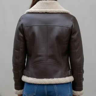 Ladies Leather Aviator Jacket With Oversized Fur Collar back