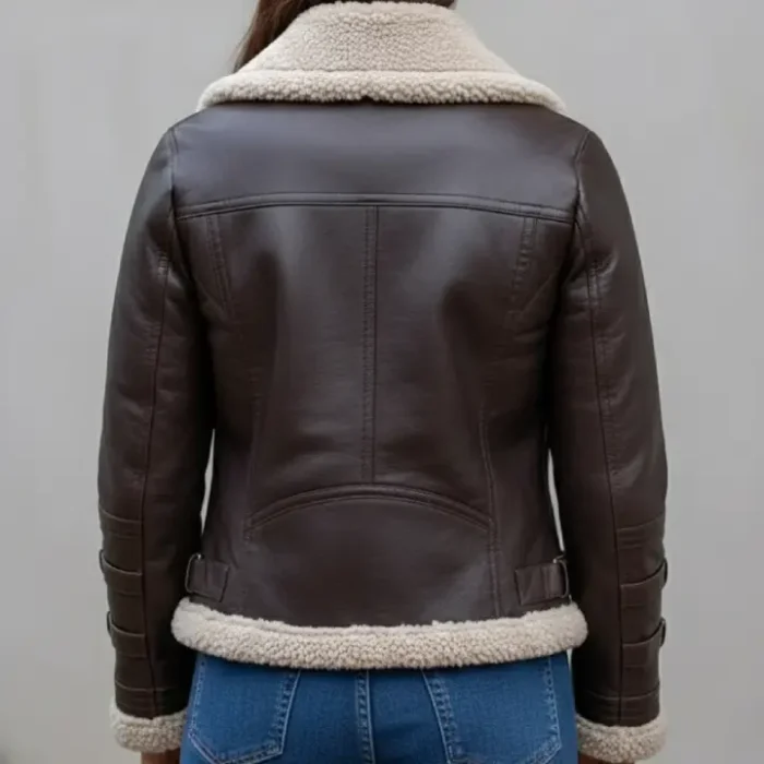Ladies Leather Aviator Jacket With Oversized Fur Collar back