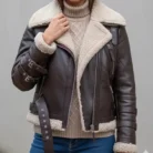 Ladies Leather Aviator Jacket With Oversized Fur Collar front