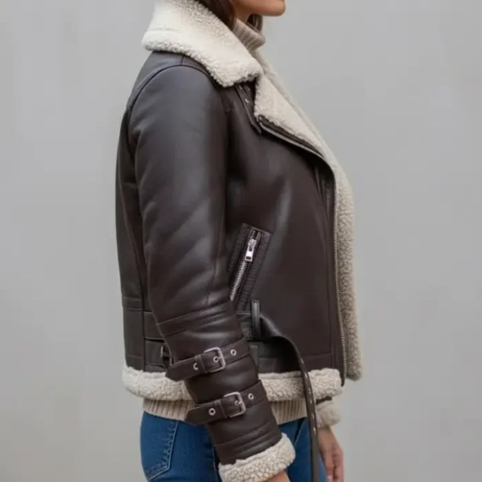 Ladies Leather Aviator Jacket With Oversized Fur Collar side