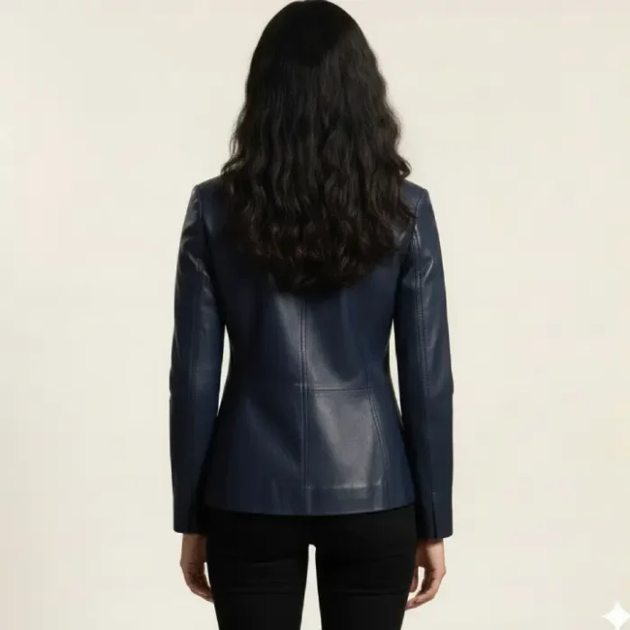 Leather Women's One Button Navy Blazer back Leather Women's One Button Navy Blazer back