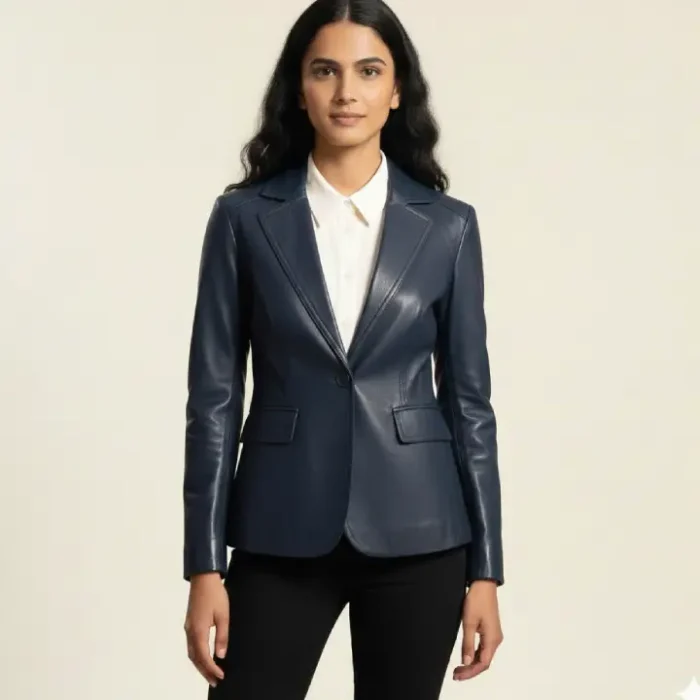 Leather Women's One Button Navy Blazer front Leather Women's One Button Navy Blazer front