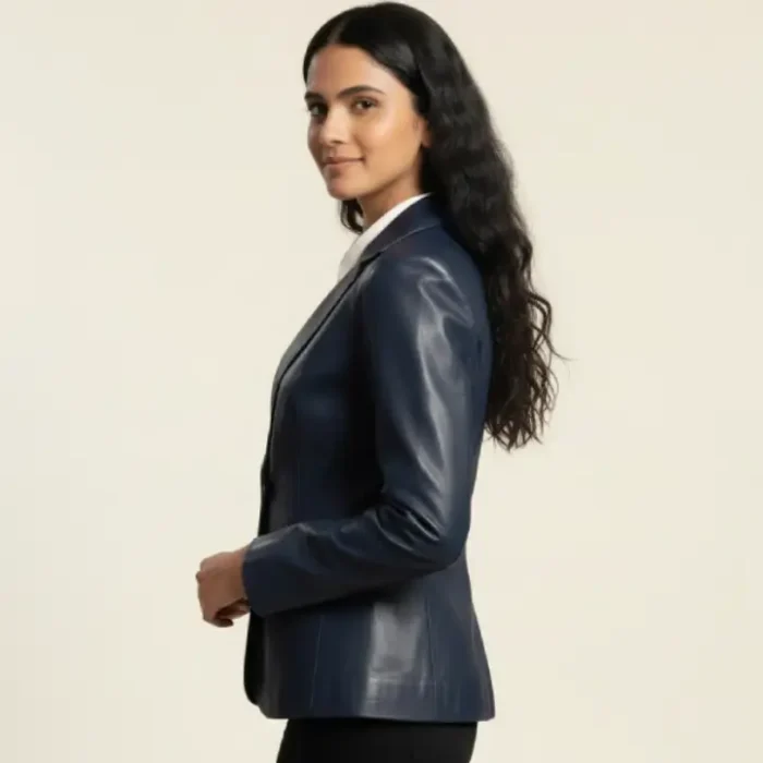 Leather Women's One Button Navy Blazer side Leather Women's One Button Navy Blazer side
