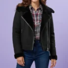 M&Co Black Petite Suede Aviator Jacket front