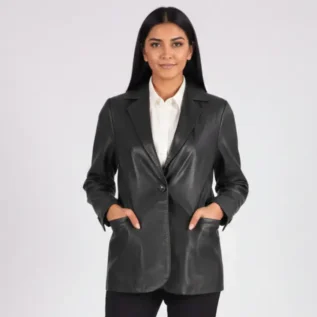 Marilyn Black Leather Blazer front