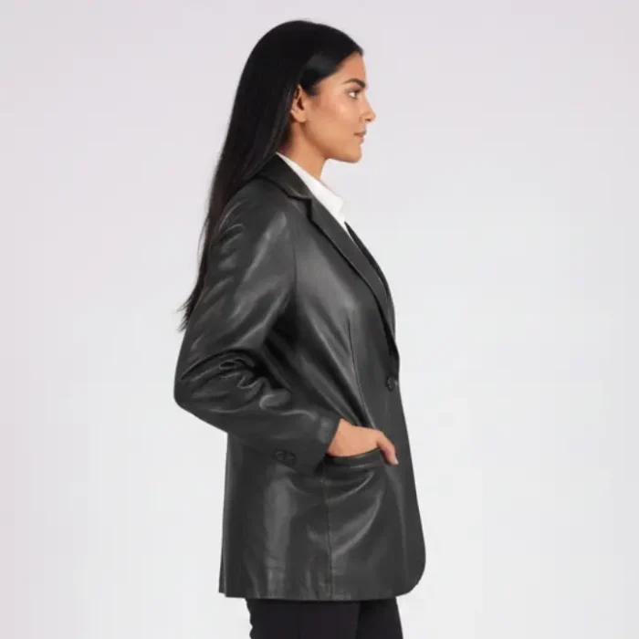 Marilyn Black Leather Blazer side Marilyn Black Leather Blazer side