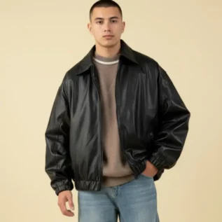 Men's Oversized Black Lambskin Leather Bomber Jacket Baggy Streetwear Style front