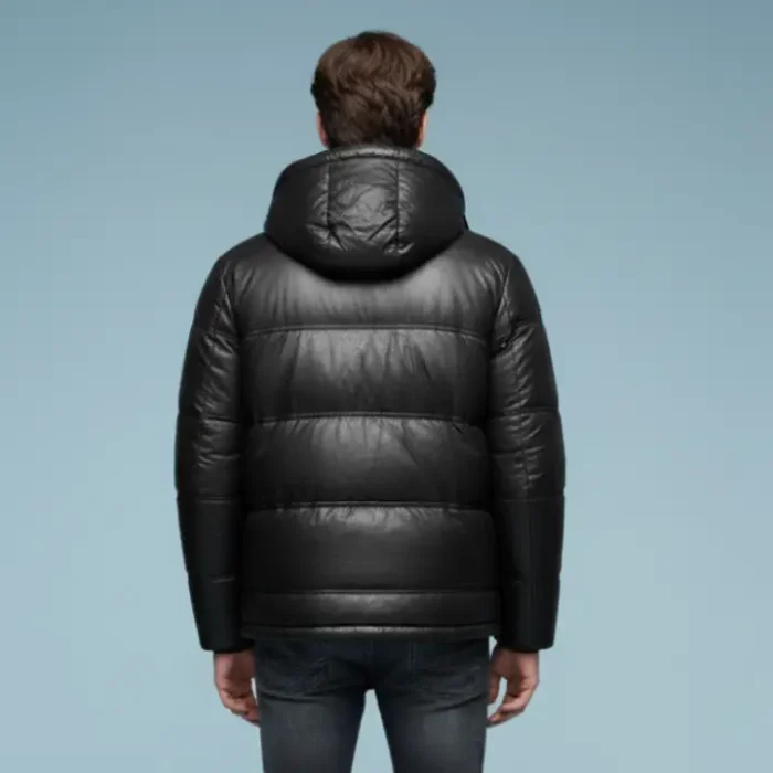 Men’s Quilted Black Leather Jacket Real Leather Winter Puffer Hooded Bubble Coat back Men’s Quilted Black Leather Jacket Real Leather Winter Puffer Hooded Bubble Coat back