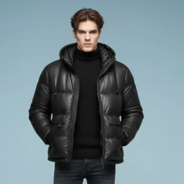 Men’s Quilted Black Leather Jacket Real Leather Winter Puffer Hooded Bubble Coat front Men’s Quilted Black Leather Jacket Real Leather Winter Puffer Hooded Bubble Coat front