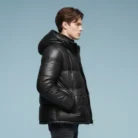 Men’s Quilted Black Leather Jacket Real Leather Winter Puffer Hooded Bubble Coat side