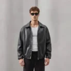 Minimalist Faux Leather Zip Jacket – Unisex Black Streetwear Outerwear front
