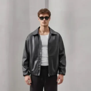 Minimalist Faux Leather Zip Jacket – Unisex Black Streetwear Outerwear front