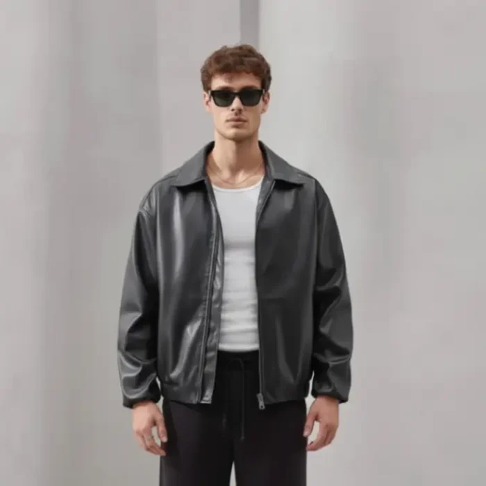 Minimalist Faux Leather Zip Jacket – Unisex Black Streetwear Outerwear front