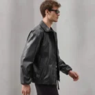 Minimalist Faux Leather Zip Jacket – Unisex Black Streetwear Outerwear side