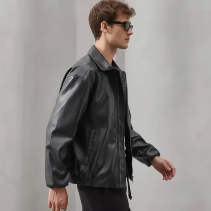 Minimalist Faux Leather Zip Jacket – Unisex Black Streetwear Outerwear side