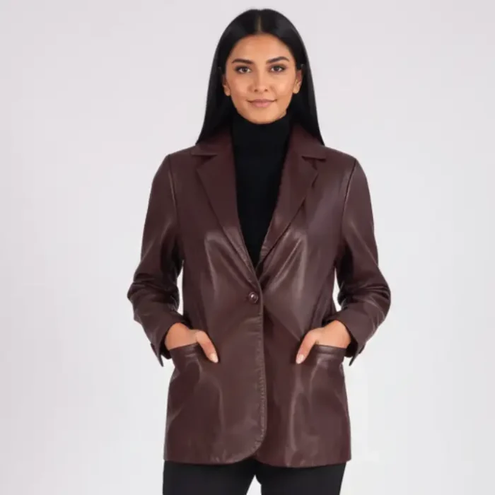 Norma Maroon Leather Blazer front
