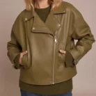 Olive Faux Leather Oversized Biker Jacket front