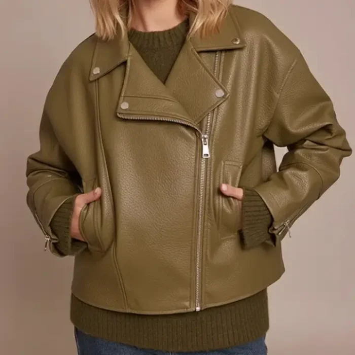 Olive Faux Leather Oversized Biker Jacket front
