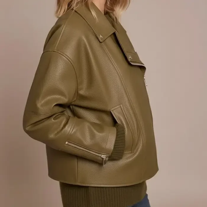 Olive Faux Leather Oversized Biker Jacket side