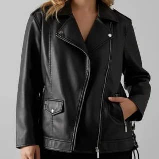 Oversized Whipstitch Detail Leather Look Jacket front