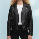 Oversized leather-effect jacket front