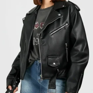 Petite Faux Leather Oversized Biker Jacket front