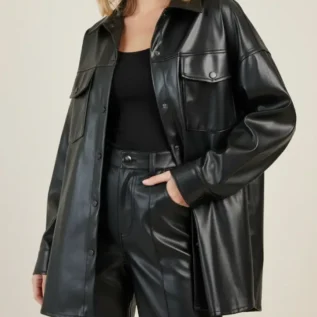 Petite Faux Leather Oversized Shacket front