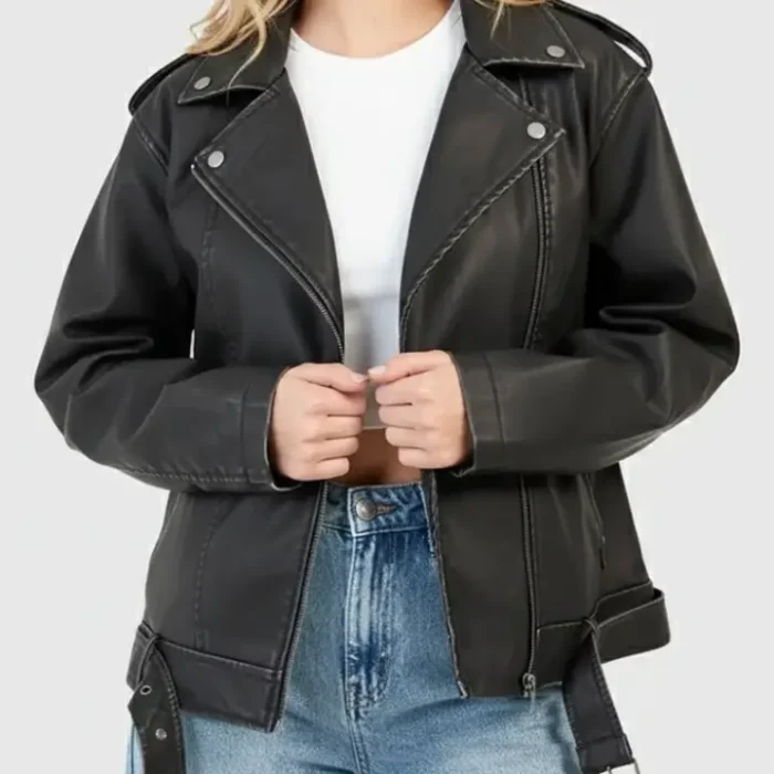 Petite Oversized Vintage Faux Leather Biker Jacket front Petite Oversized Vintage Faux Leather Biker Jacket front