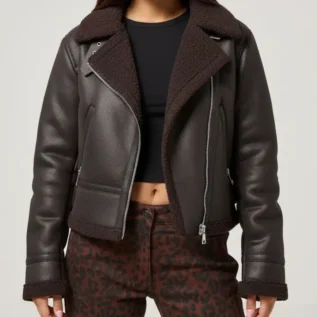PixieGirl Petite Brown Taped Aviator Jacket front