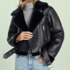 River Island Black Belted Cropped Aviator Jacket front
