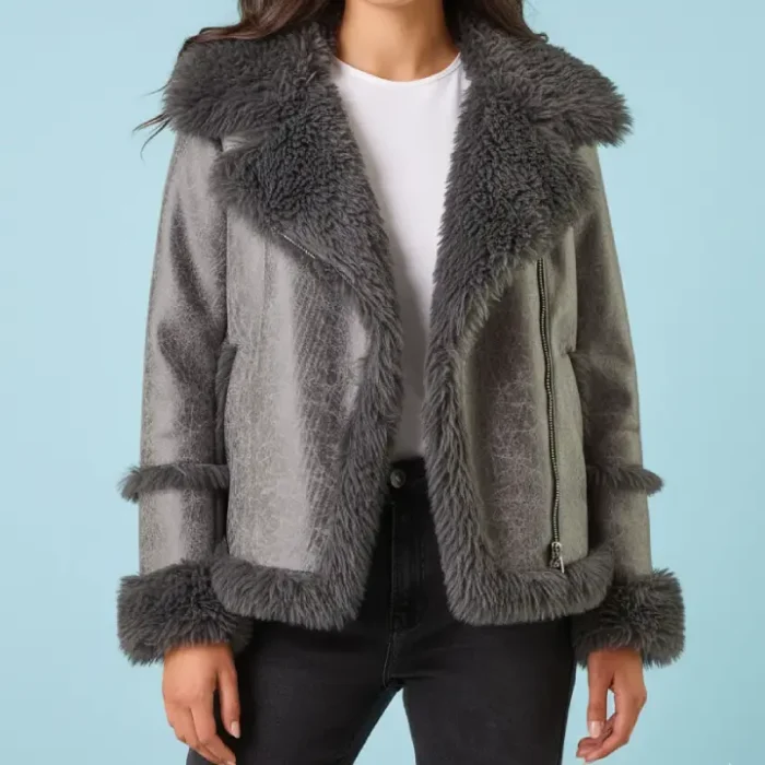 Roman Grey Faux Fur Aviator Jacket front