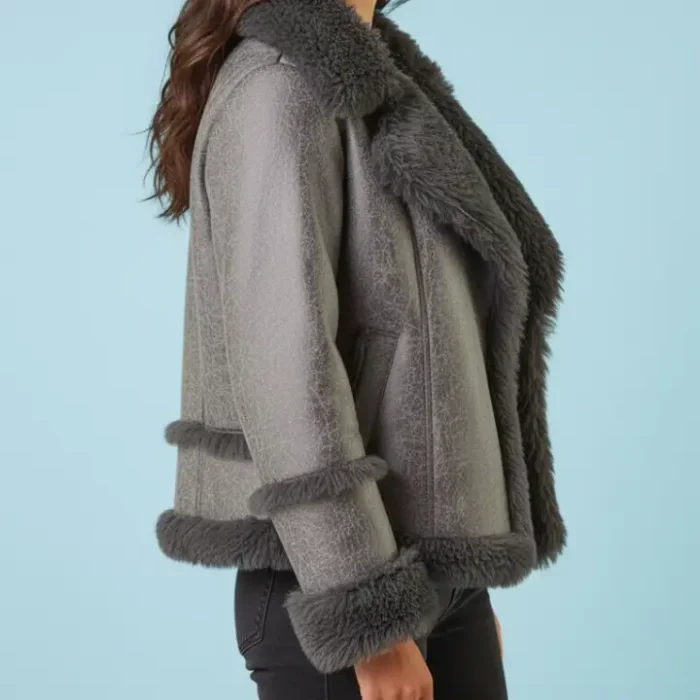 Roman Grey Faux Fur Aviator Jacket side