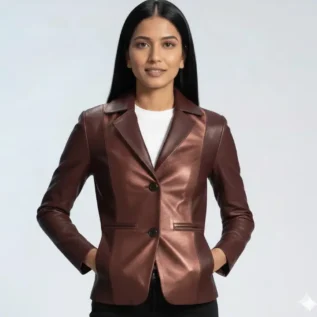 Ruby Metallic Maroon Leather Blazer front