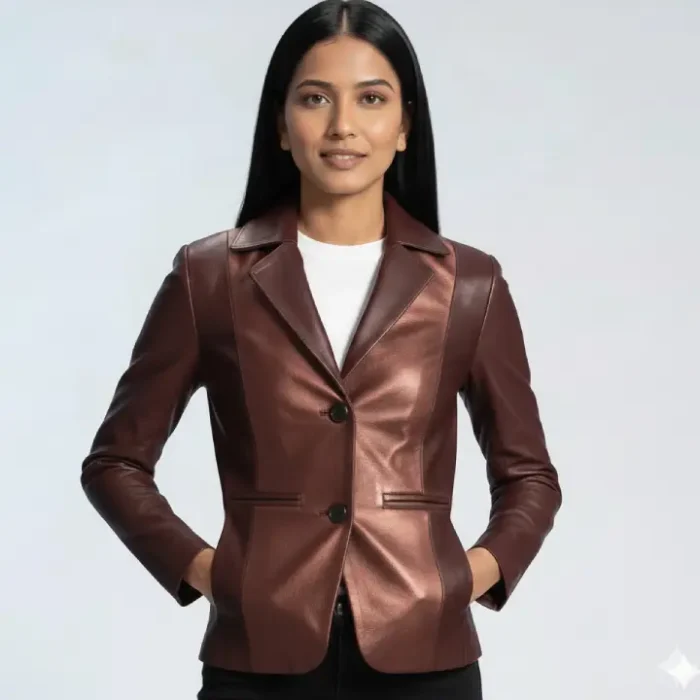 Ruby Metallic Maroon Leather Blazer front
