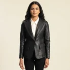 Selina Black Leather Blazer front