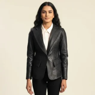 Selina Black Leather Blazer front