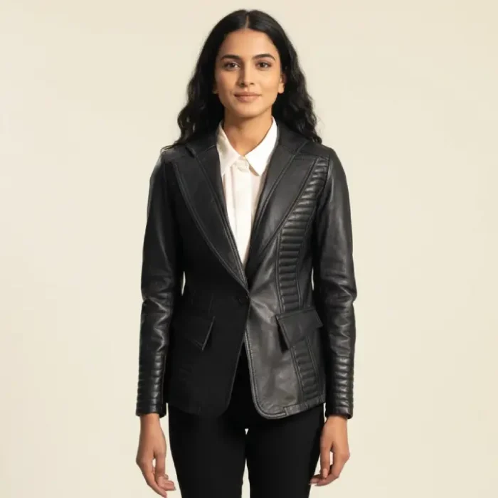 Selina Black Leather Blazer front Selina Black Leather Blazer front