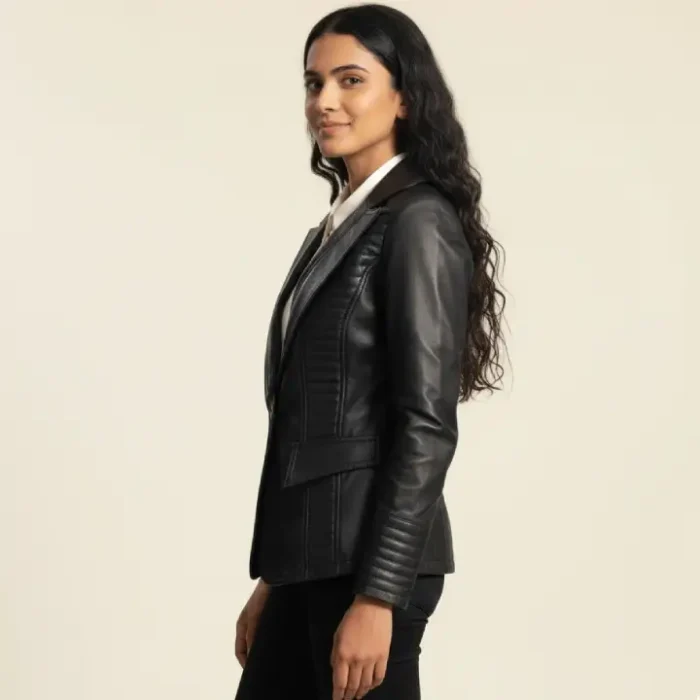 Selina Black Leather Blazer side Selina Black Leather Blazer side