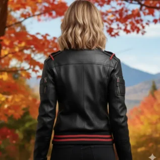 Women’s Black & Red Bomber Leather Jacket back