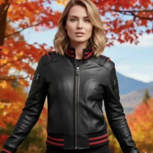 Women’s Black & Red Bomber Leather Jacket front